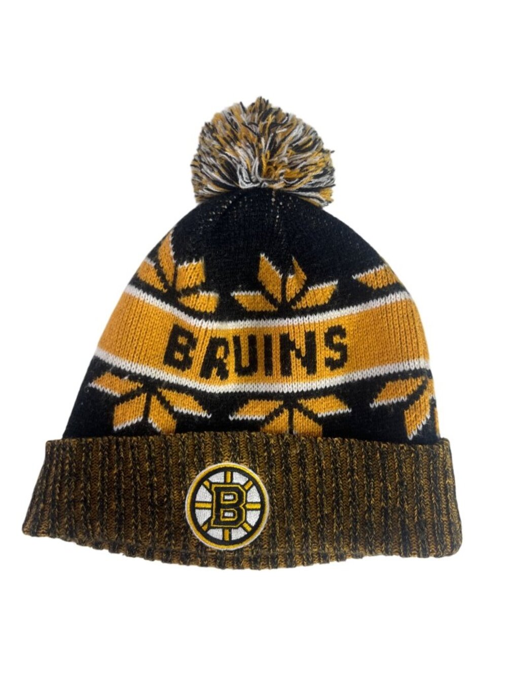 Boston Bruins Knit Beanie Hat OS Pom Embroidered Logo Cuff Black Gold